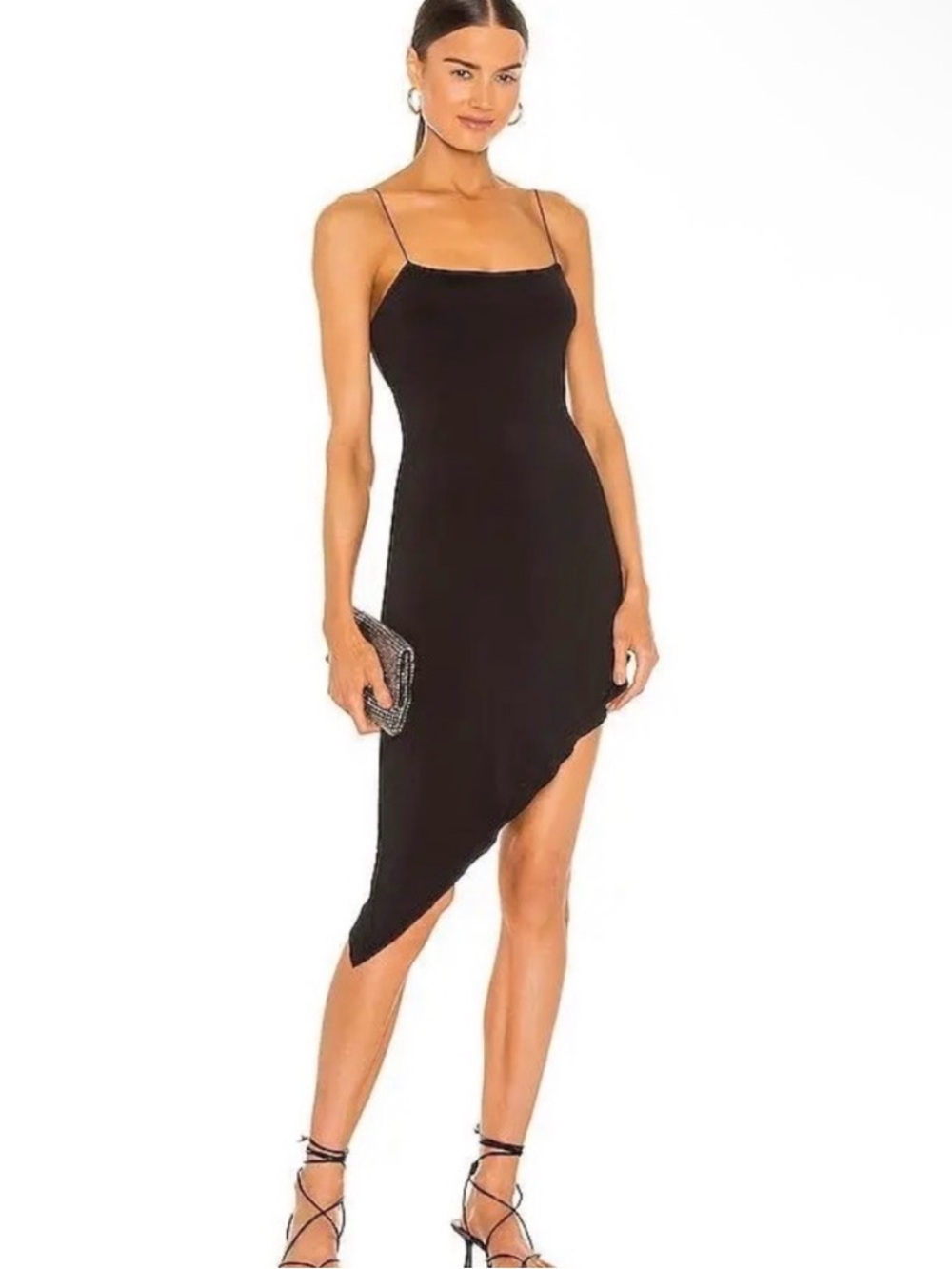MAJORELLE Black Asymmetrical Slip Dress with Spaghetti Straps